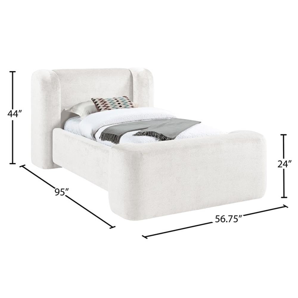 Twin Upholstered Bed with Cream Chenille Fabric, Fully Slatted