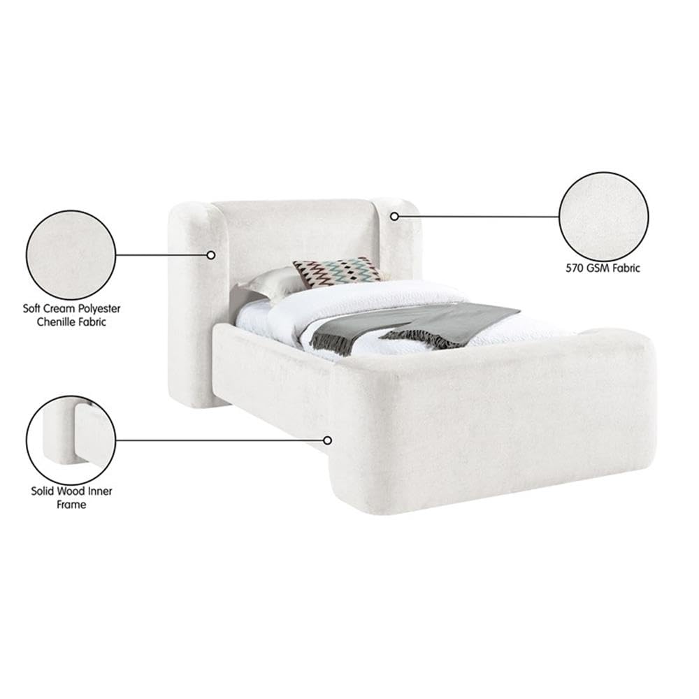 Twin Upholstered Bed with Cream Chenille Fabric, Fully Slatted