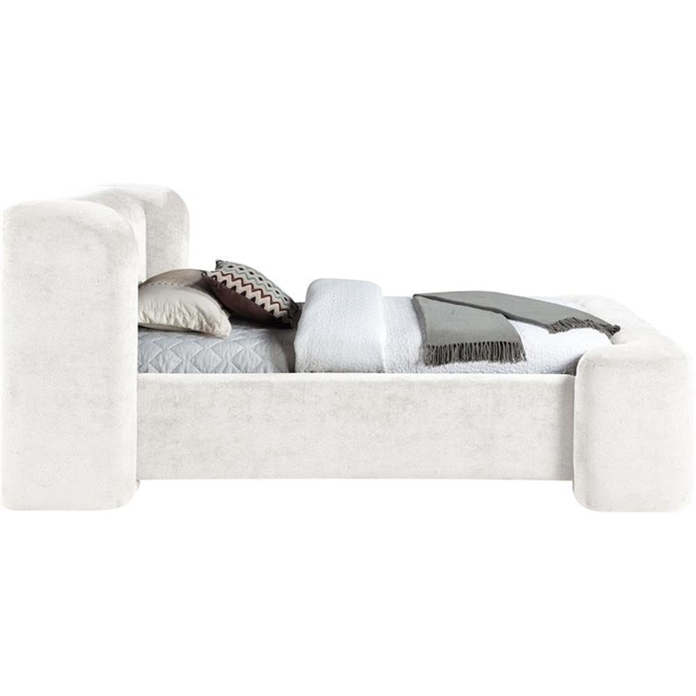 Twin Upholstered Bed with Cream Chenille Fabric, Fully Slatted