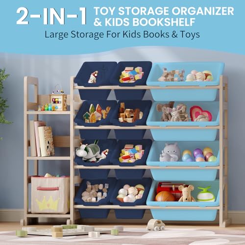 Toy Storage Shelf with 12 Bins and Bookshelf