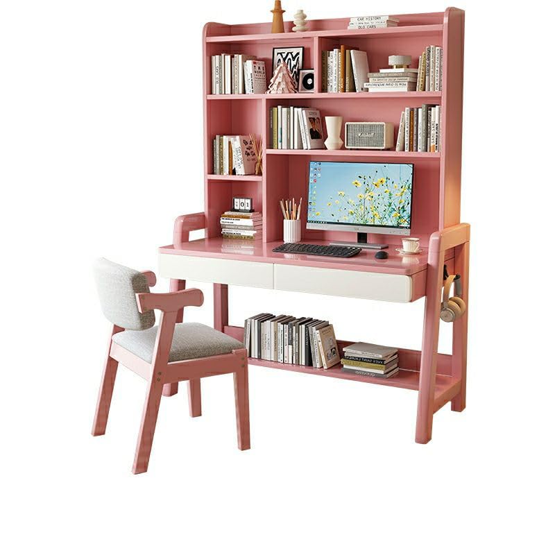Solid Wood Writing Desk with Drawer and Storage Shelves