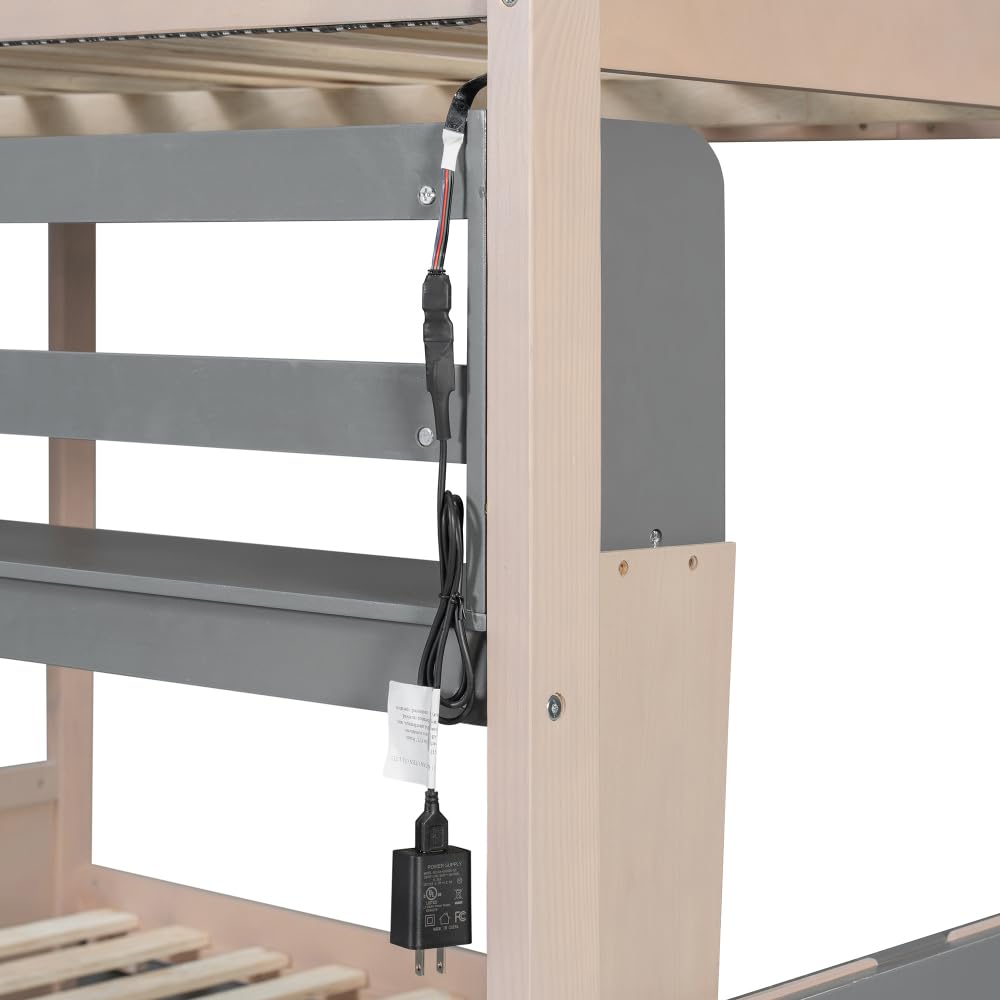 Twin Over Twin Bunk Bed with Storage Drawers, Castle Frame, LED Lights & Shelves