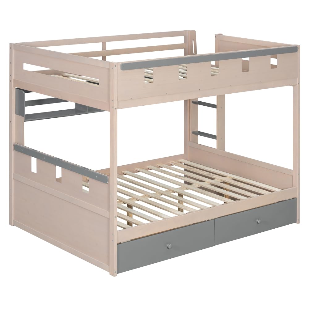 Twin Over Twin Bunk Bed with Storage Drawers, Castle Frame, LED Lights & Shelves