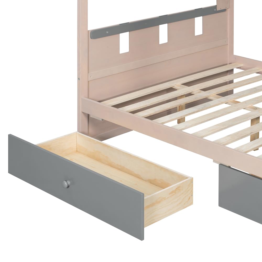Twin Over Twin Bunk Bed with Storage Drawers, Castle Frame, LED Lights & Shelves