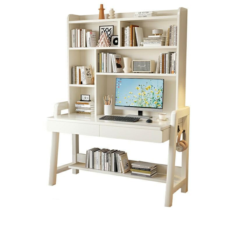 Solid Wood Writing Desk with Drawer and Storage Shelves