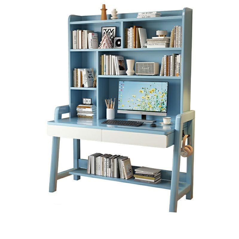Solid Wood Writing Desk with Drawer and Storage Shelves