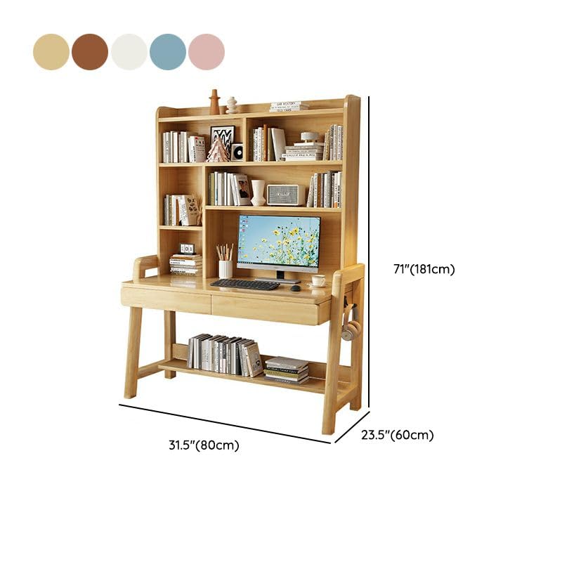 Solid Wood Writing Desk with Drawer and Storage Shelves