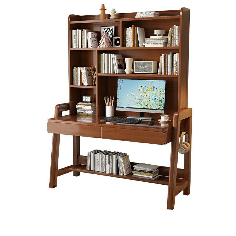 Solid Wood Writing Desk with Drawer and Storage Shelves