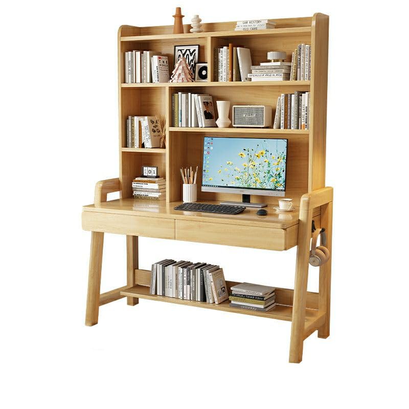 Solid Wood Writing Desk with Drawer and Storage Shelves