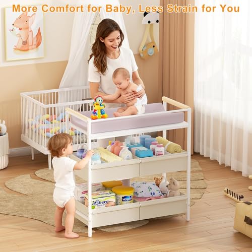 Baby Changing Table with Storage Bin and Safety Bumper