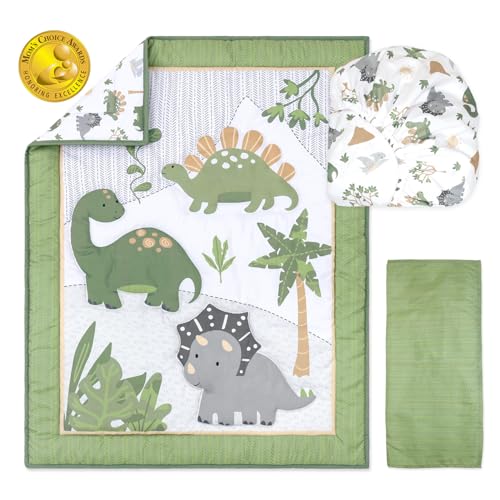 The Peanutshell 3 Piece Baby Crib Bedding Set for Boys - Newborn, Infant & Toddler Nursery Bed Set Decor with Fitted Crib Sheet, Dust Ruffle Comforter - Dinosaur Dreams