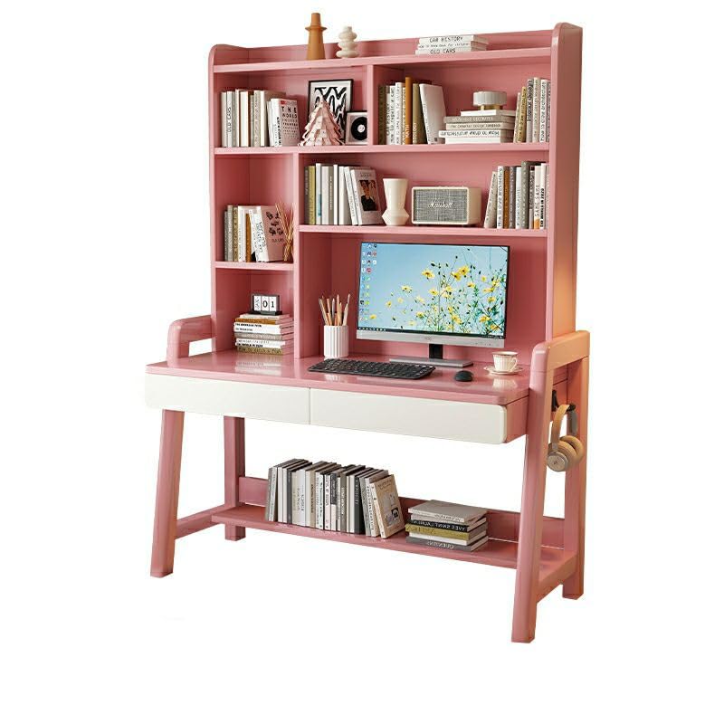 Solid Wood Writing Desk with Drawer and Storage Shelves