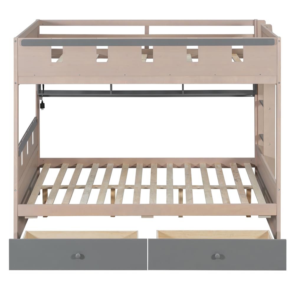 Twin Over Twin Bunk Bed with Storage Drawers, Castle Frame, LED Lights & Shelves