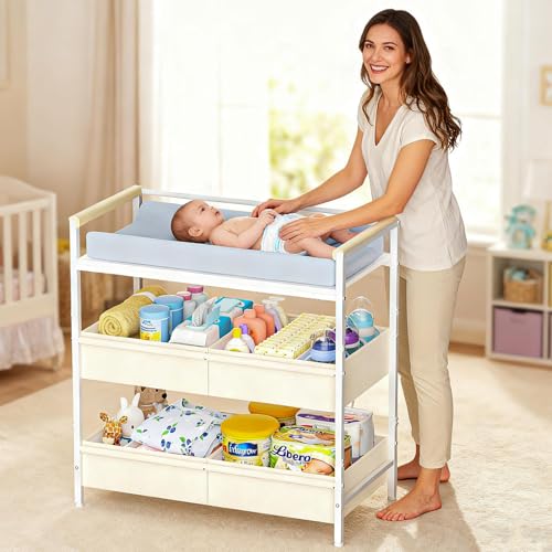 Baby Changing Table with Storage Bin and Safety Bumper