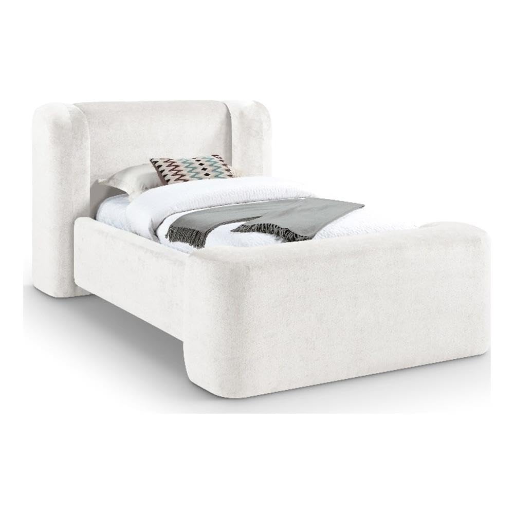 Twin Upholstered Bed with Cream Chenille Fabric, Fully Slatted