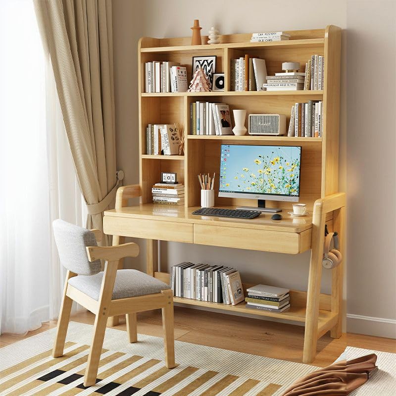 Solid Wood Writing Desk with Drawer and Storage Shelves
