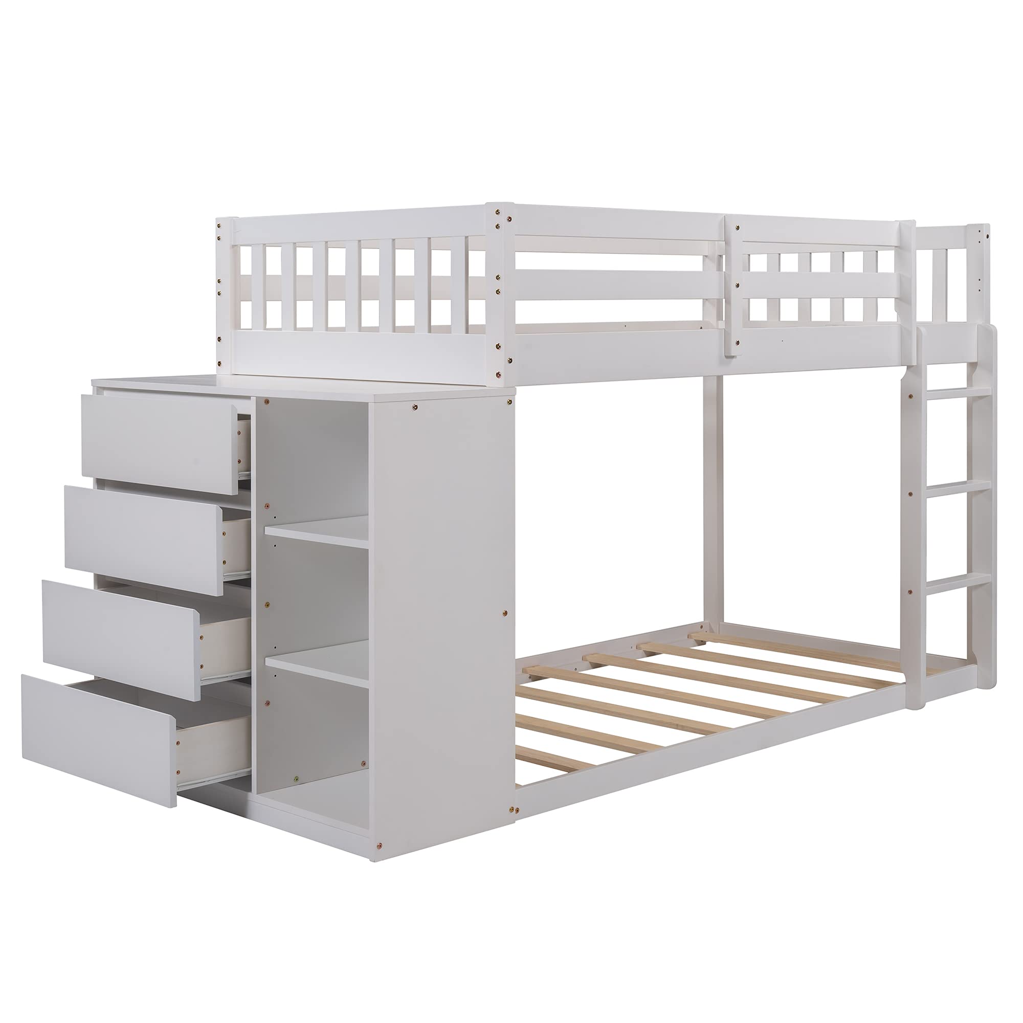 Twin Over Twin Bunk Bed with Storage Drawers and Shelves