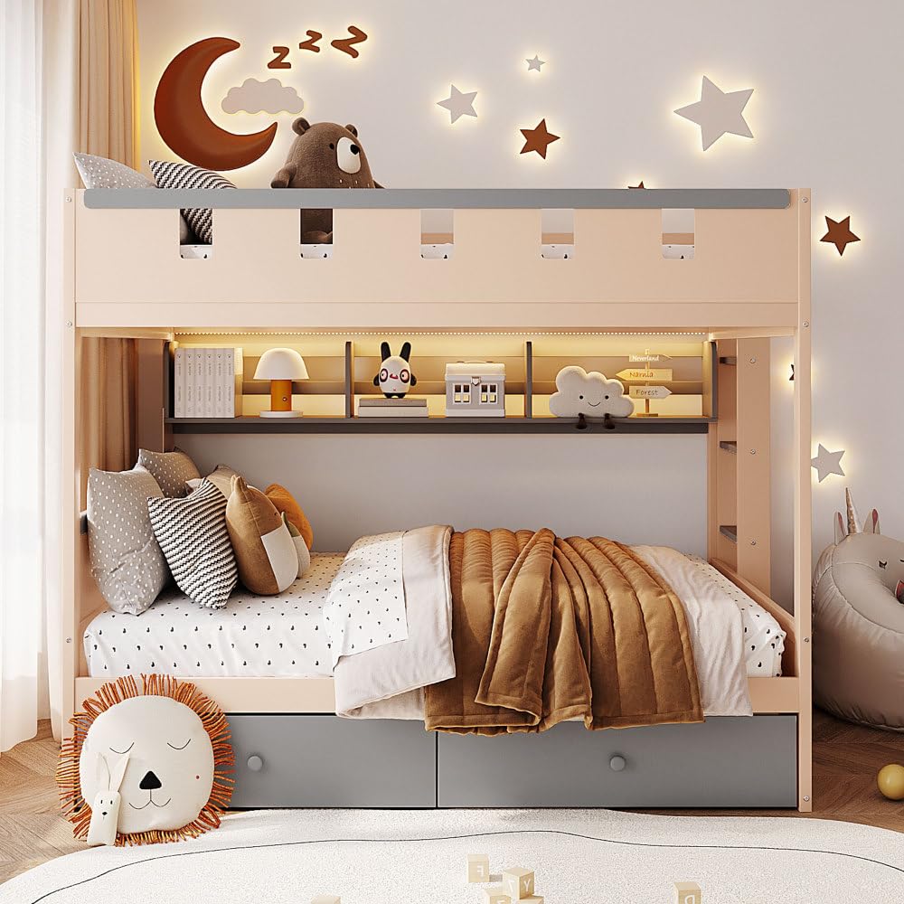 Twin Over Twin Bunk Bed with Storage Drawers, Castle Frame, LED Lights & Shelves