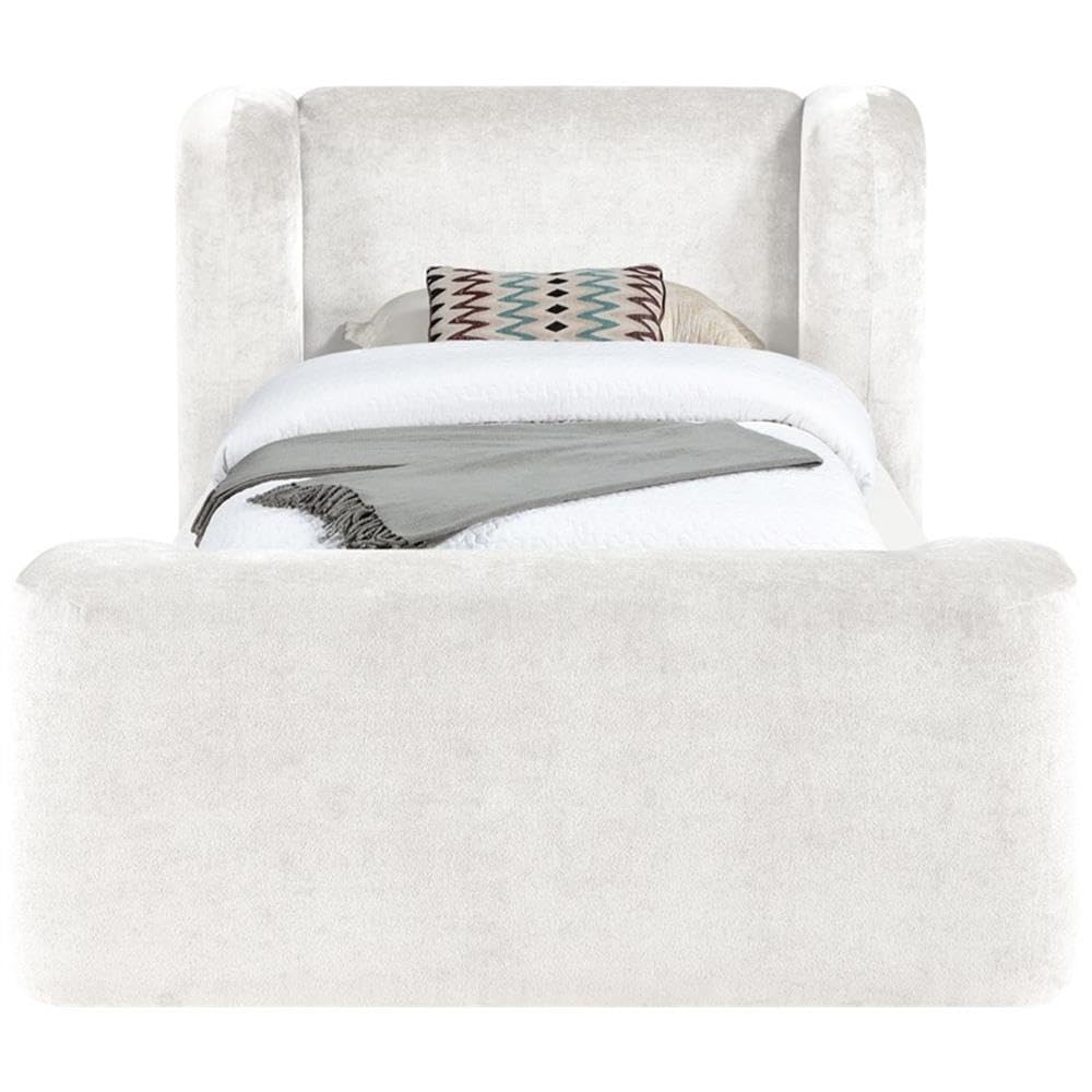Twin Upholstered Bed with Cream Chenille Fabric, Fully Slatted