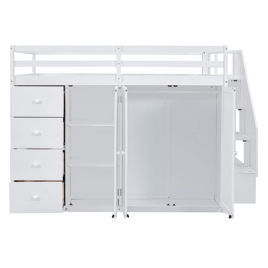 Full-Size White Loft Bed with Built-in Wardrobe, Drawers & Staircase Storage