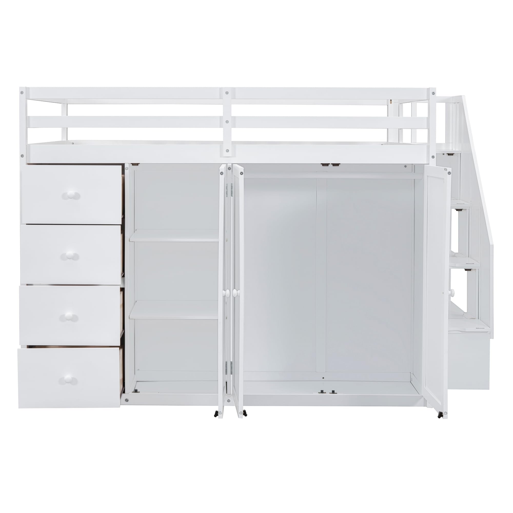 Full-Size White Loft Bed with Built-in Wardrobe, Drawers & Staircase Storage