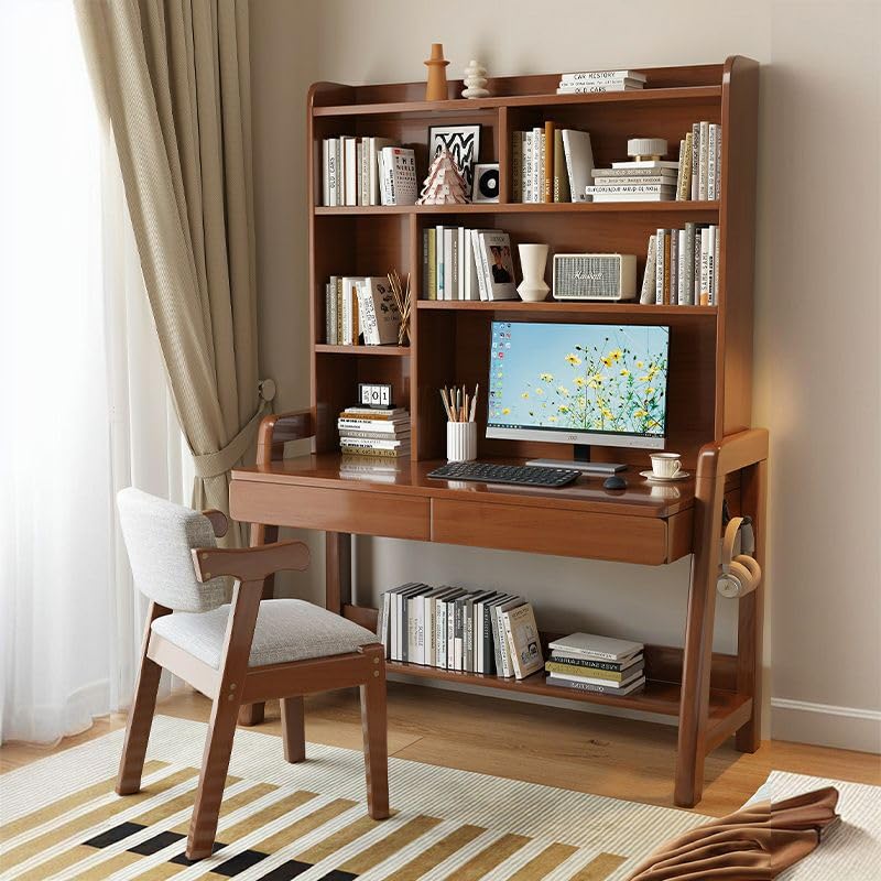 Solid Wood Writing Desk with Drawer and Storage Shelves