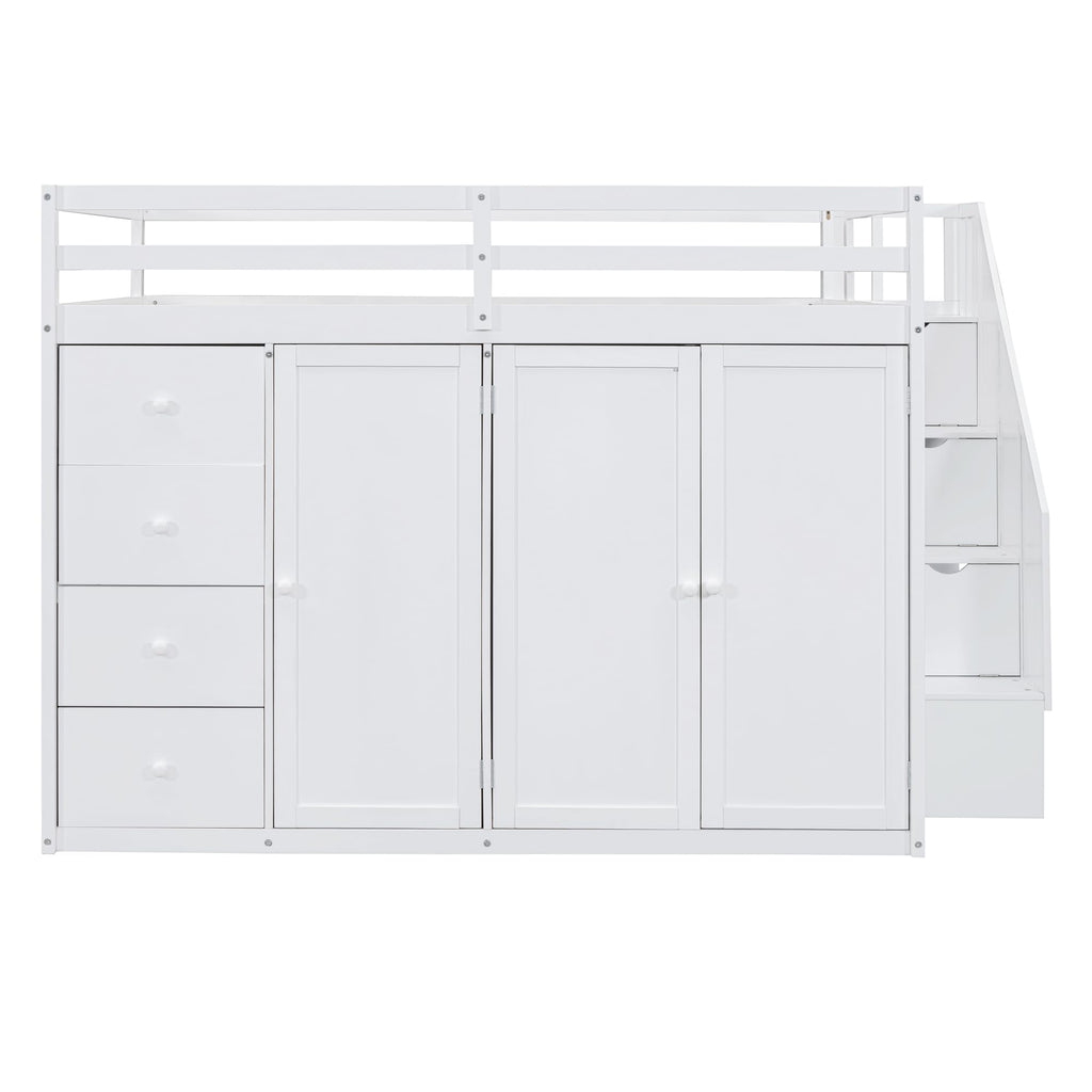 Full-Size White Loft Bed with Built-in Wardrobe, Drawers & Staircase Storage