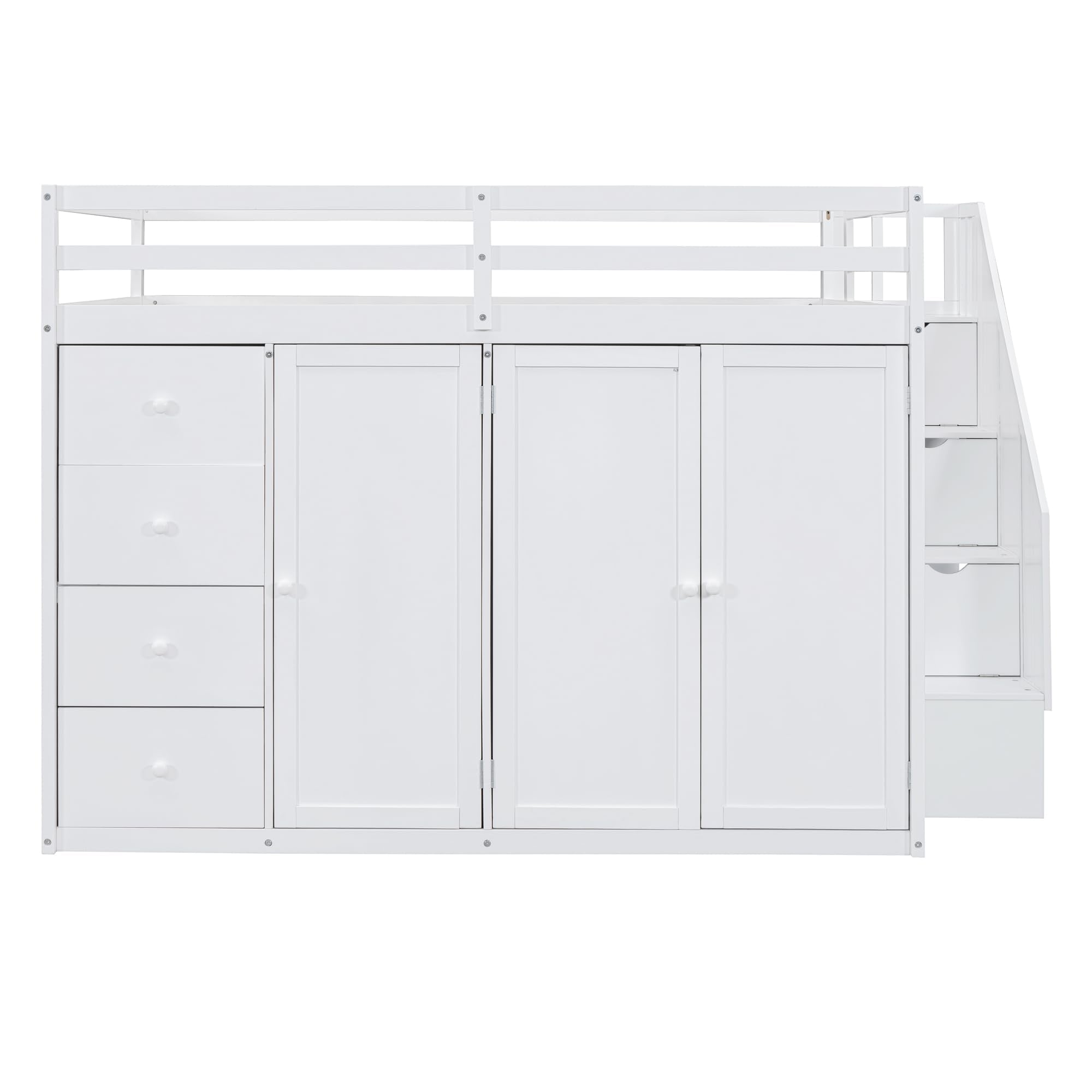 Full-Size White Loft Bed with Built-in Wardrobe, Drawers & Staircase Storage