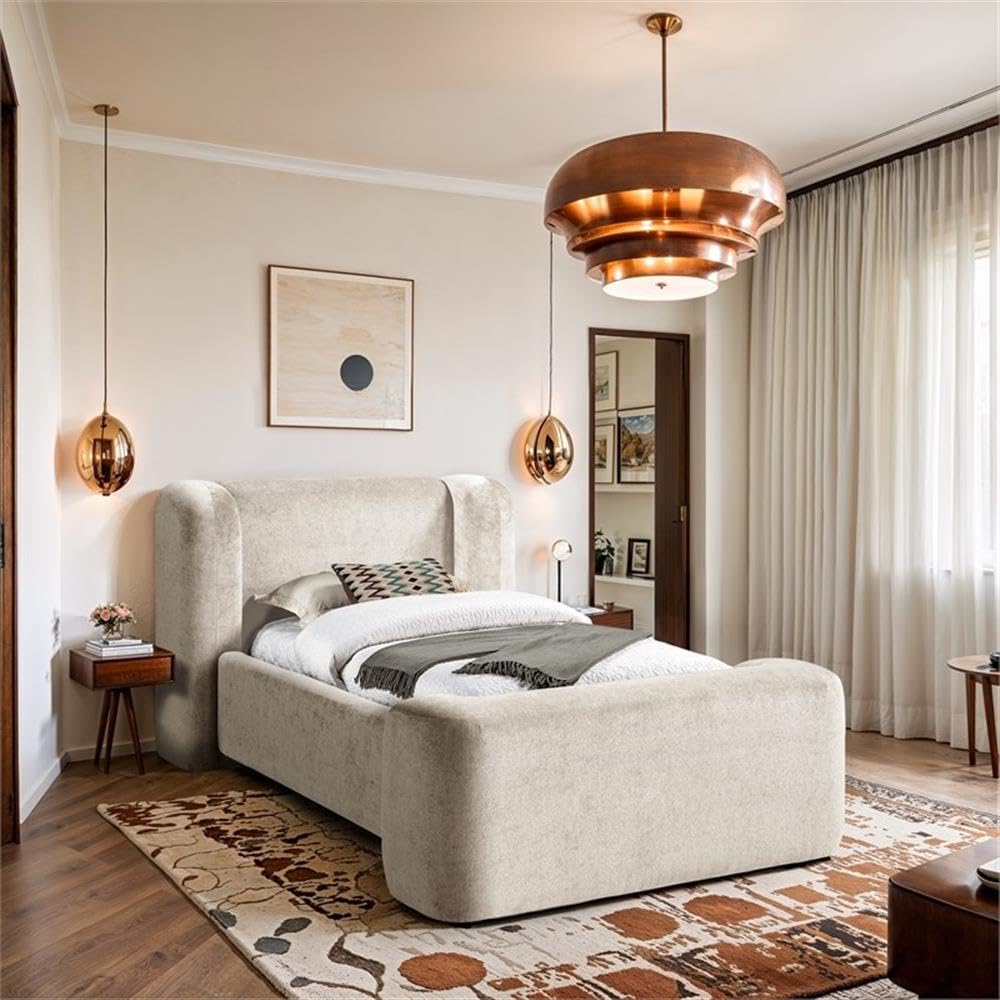 Twin Upholstered Bed with Cream Chenille Fabric, Fully Slatted