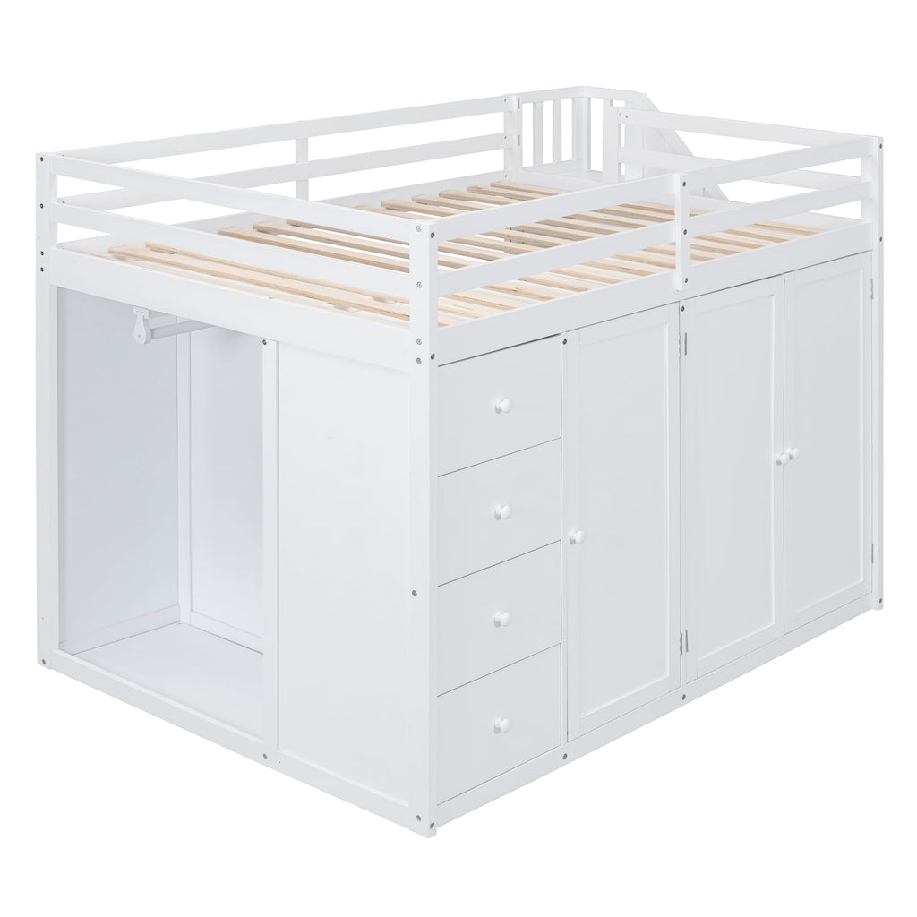Full-Size White Loft Bed with Built-in Wardrobe, Drawers & Staircase Storage