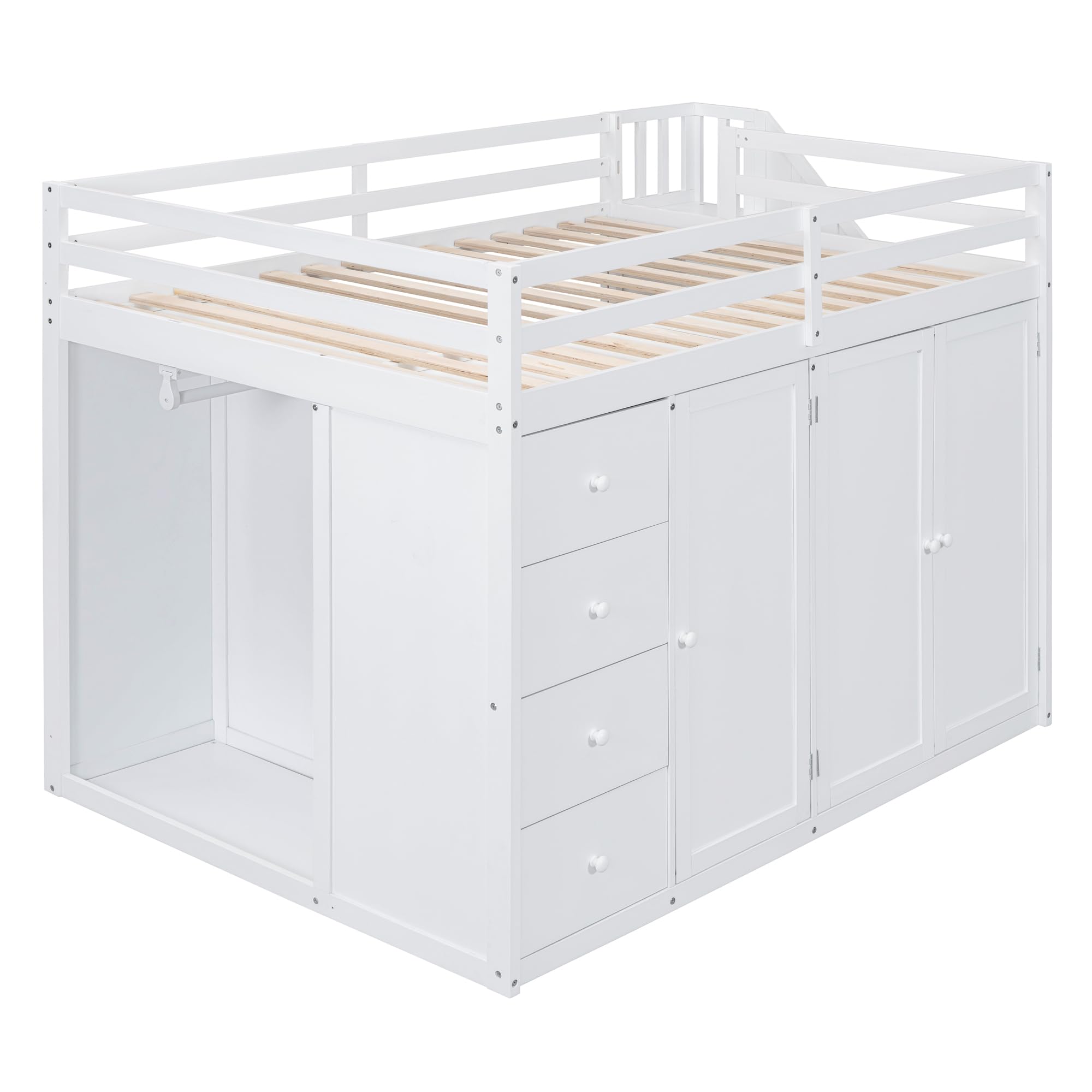 Full-Size White Loft Bed with Built-in Wardrobe, Drawers & Staircase Storage