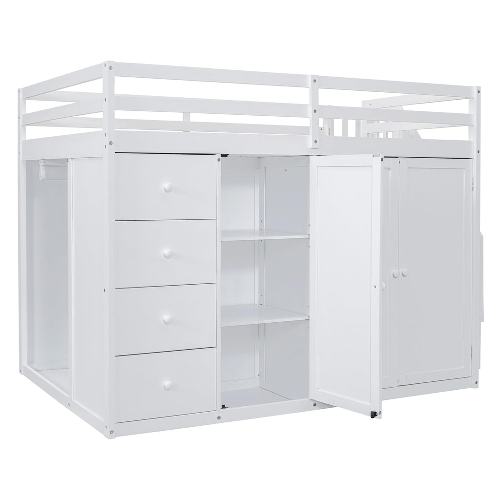 Full-Size White Loft Bed with Built-in Wardrobe, Drawers & Staircase Storage