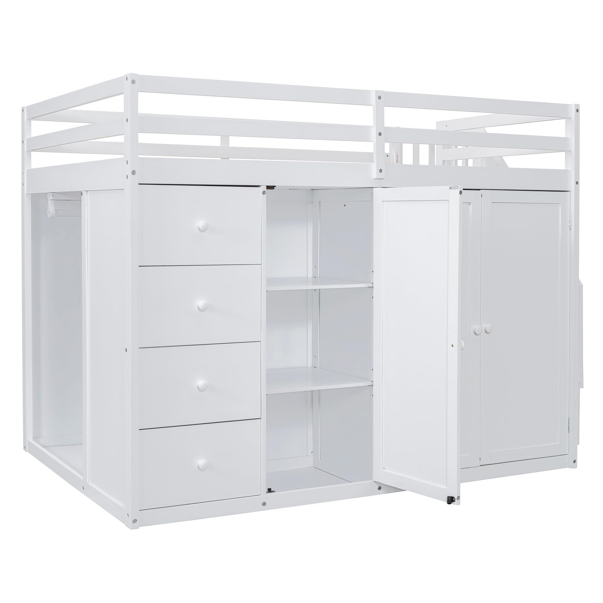 Full-Size White Loft Bed with Built-in Wardrobe, Drawers & Staircase Storage