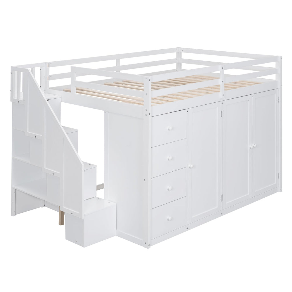 Full-Size White Loft Bed with Built-in Wardrobe, Drawers & Staircase Storage