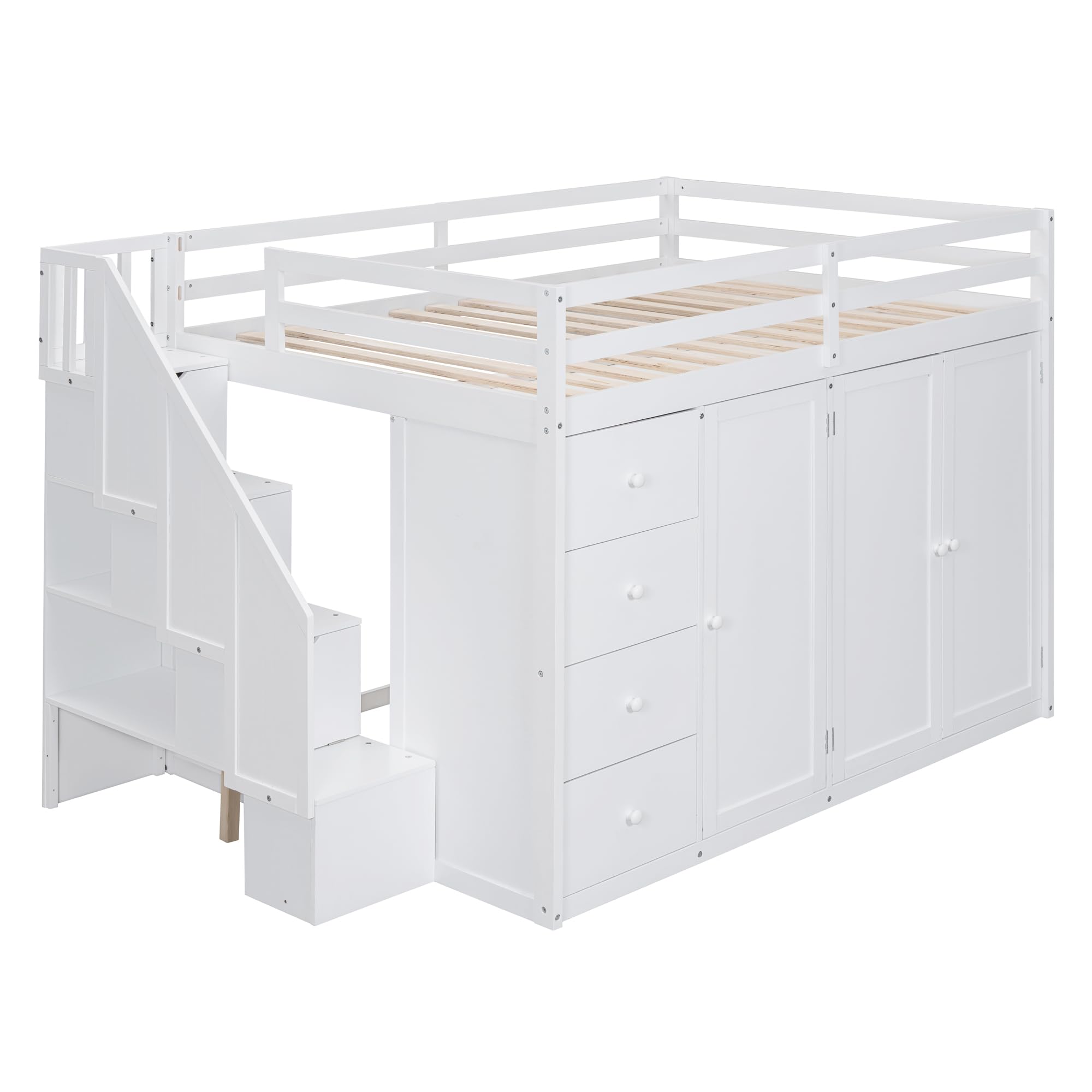 Full-Size White Loft Bed with Built-in Wardrobe, Drawers & Staircase Storage