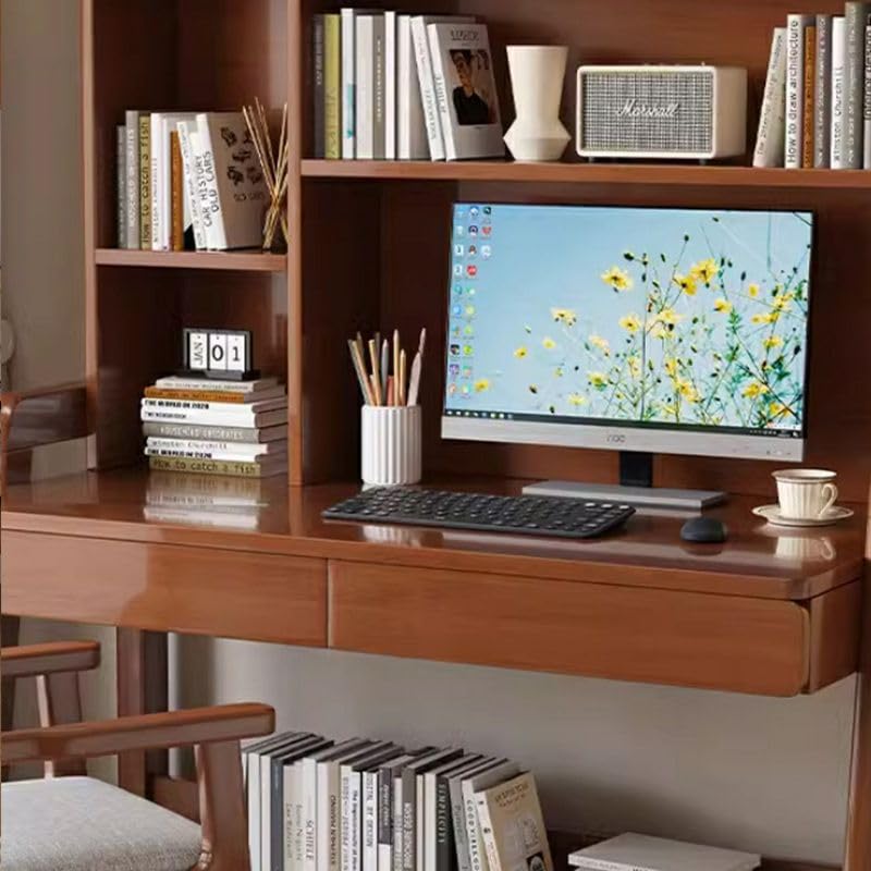 Solid Wood Writing Desk with Drawer and Storage Shelves