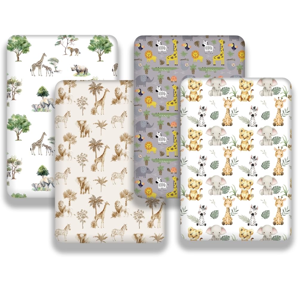 4-Pack Safari Animal Fitted Crib Sheet Set