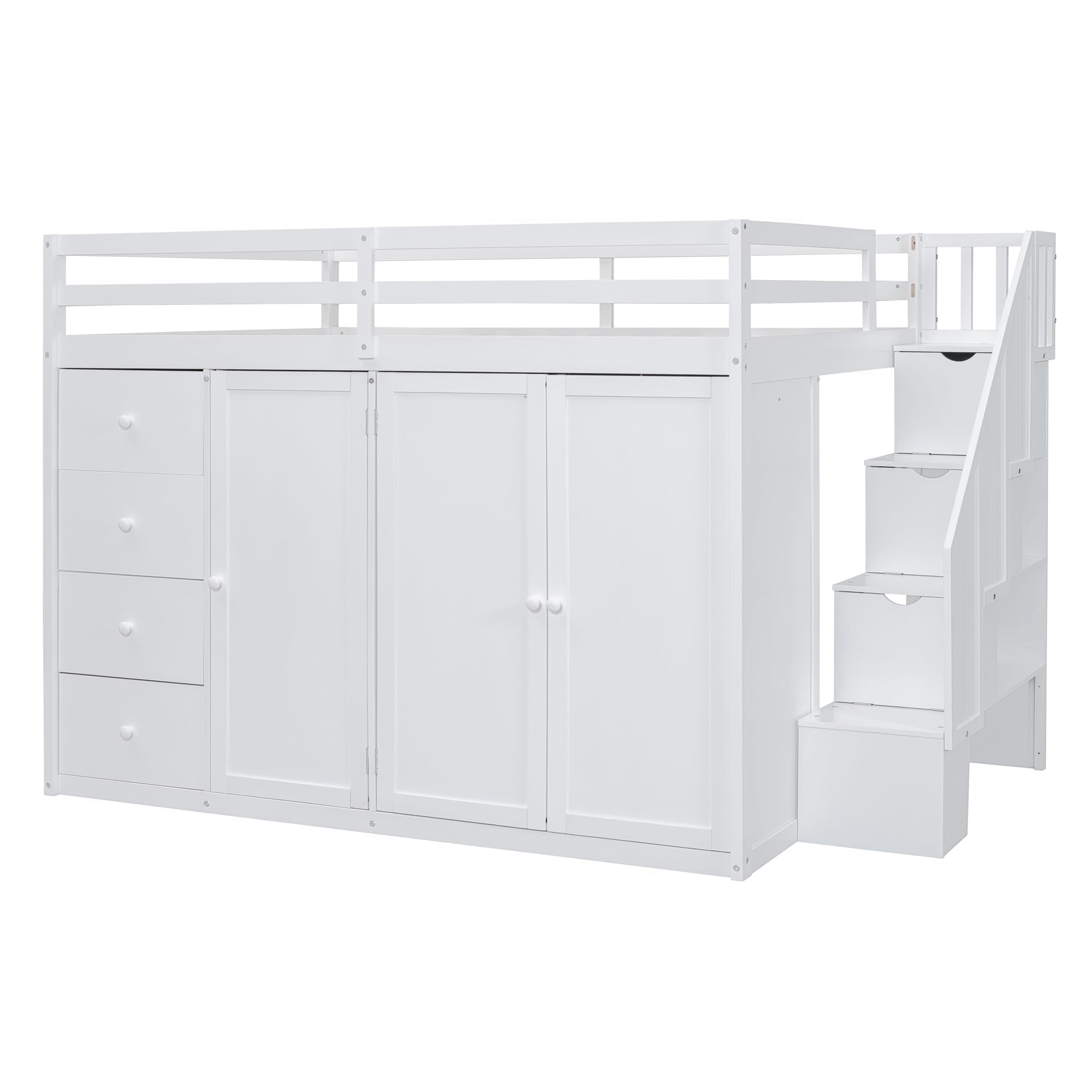 Full-Size White Loft Bed with Built-in Wardrobe, Drawers & Staircase Storage