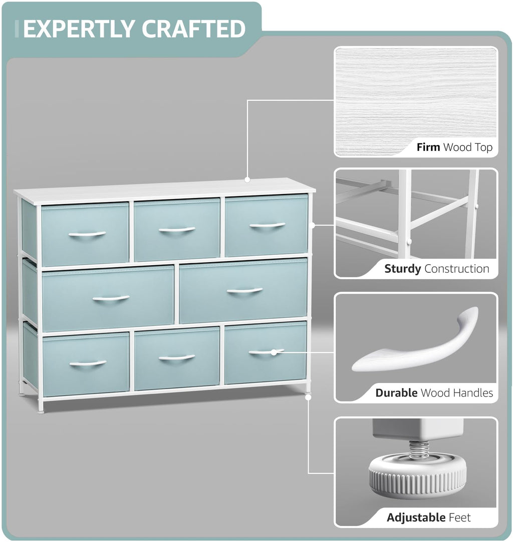 8-Drawer Storage Dresser with Wood Top and Fabric Bins