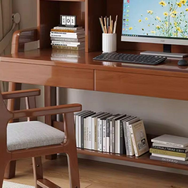 Solid Wood Writing Desk with Drawer and Storage Shelves