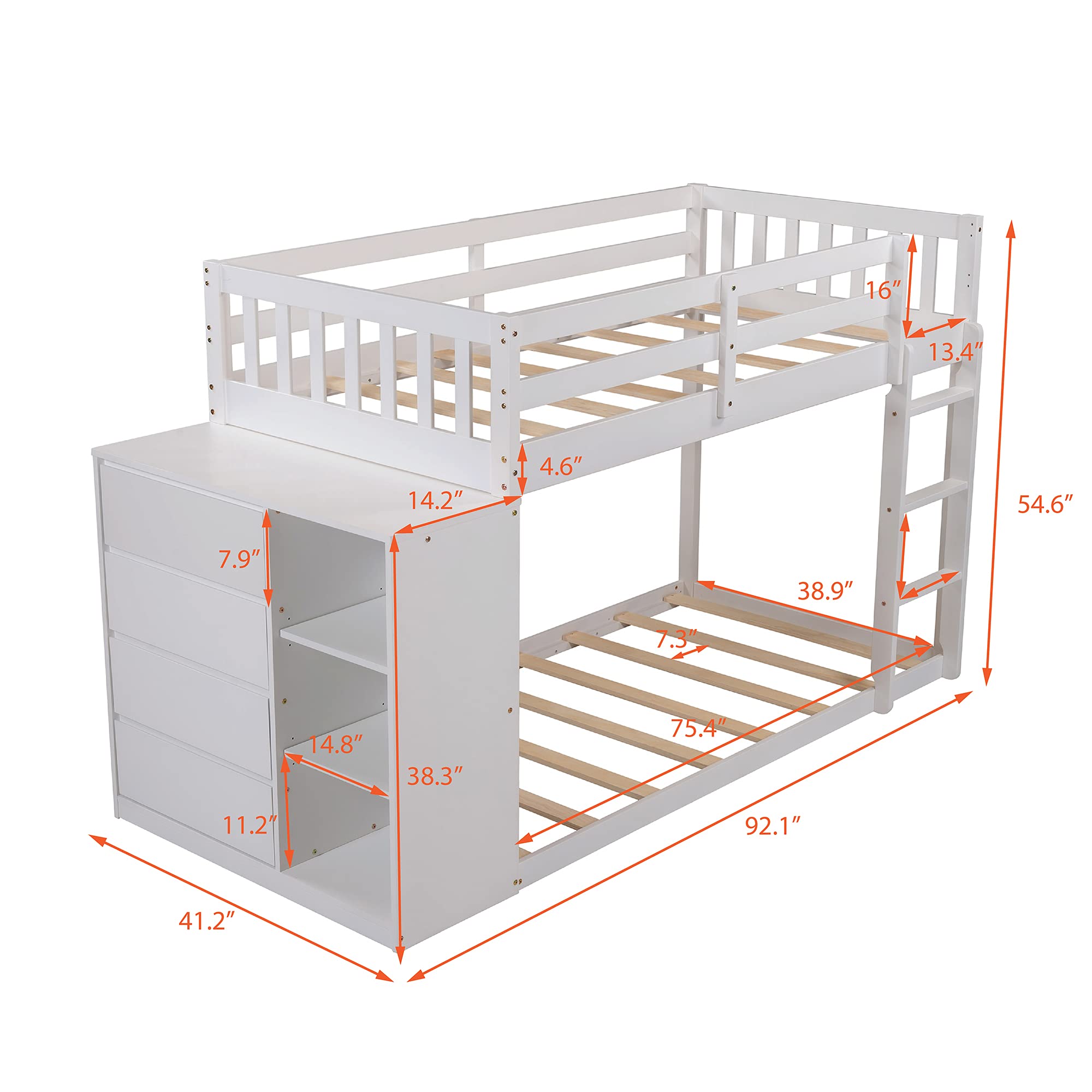 Twin Over Twin Bunk Bed with Storage Drawers and Shelves