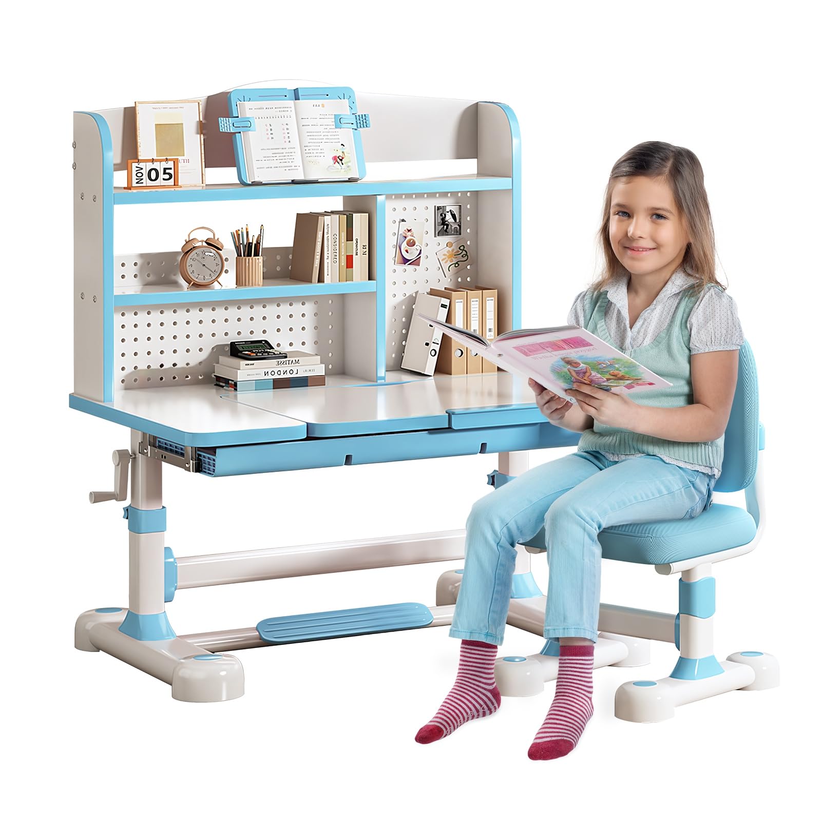 Height-Adjustable Kids Desk and Chair Set with Storage and Bookshelf