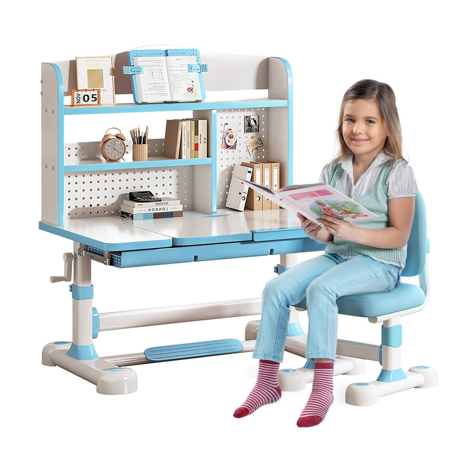 Height-Adjustable Kids Desk and Chair Set with Storage and Bookshelf