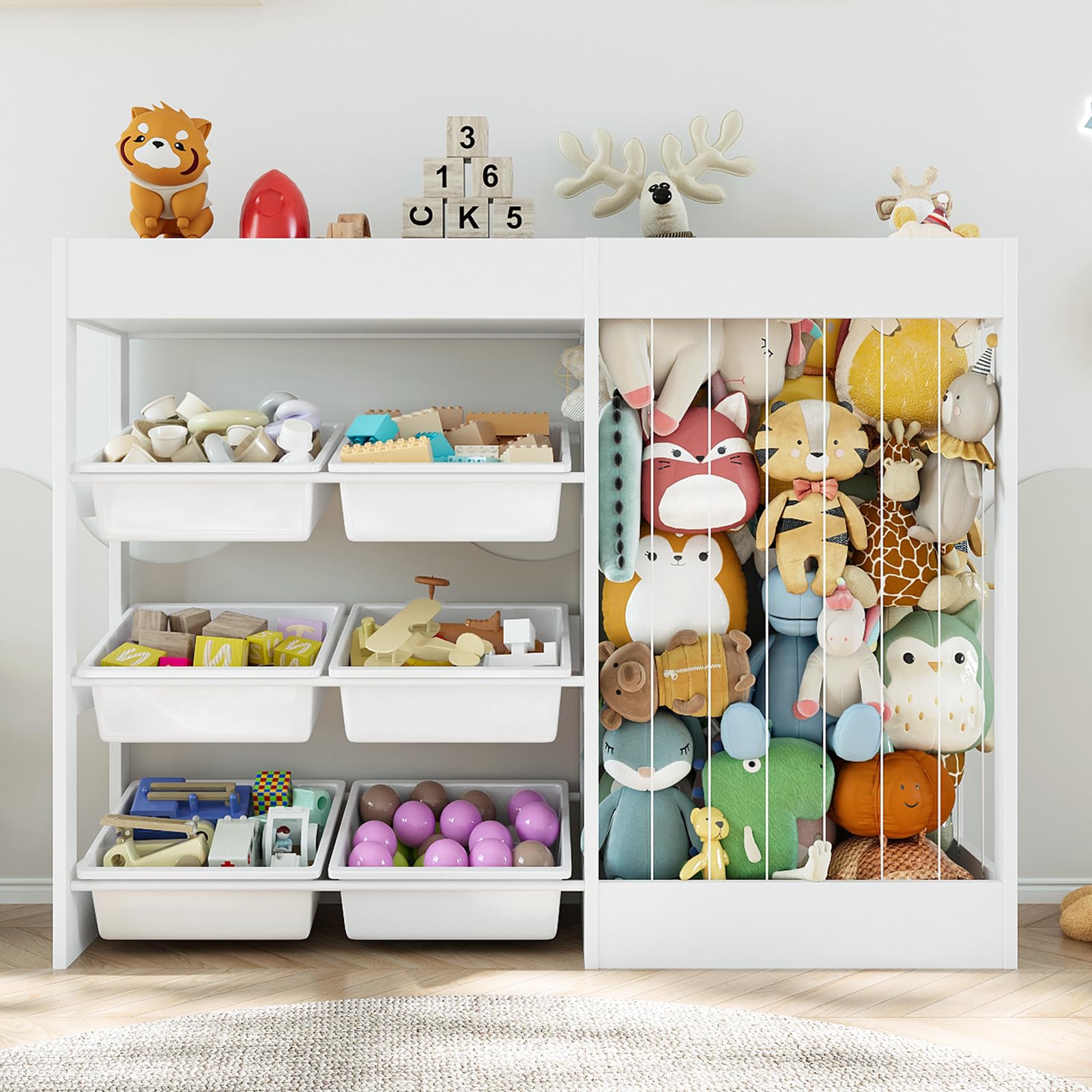 Large Toy Storage Organizer with Removable Bins and Bookshelf