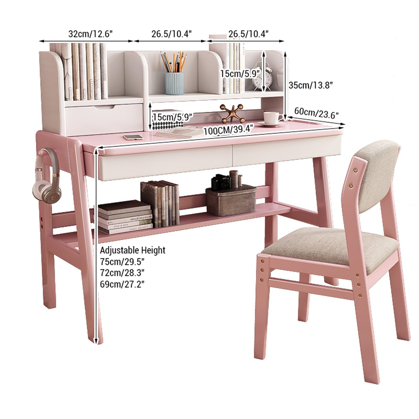 Modern Kids Wooden Desk with Open Shelf and Drawers