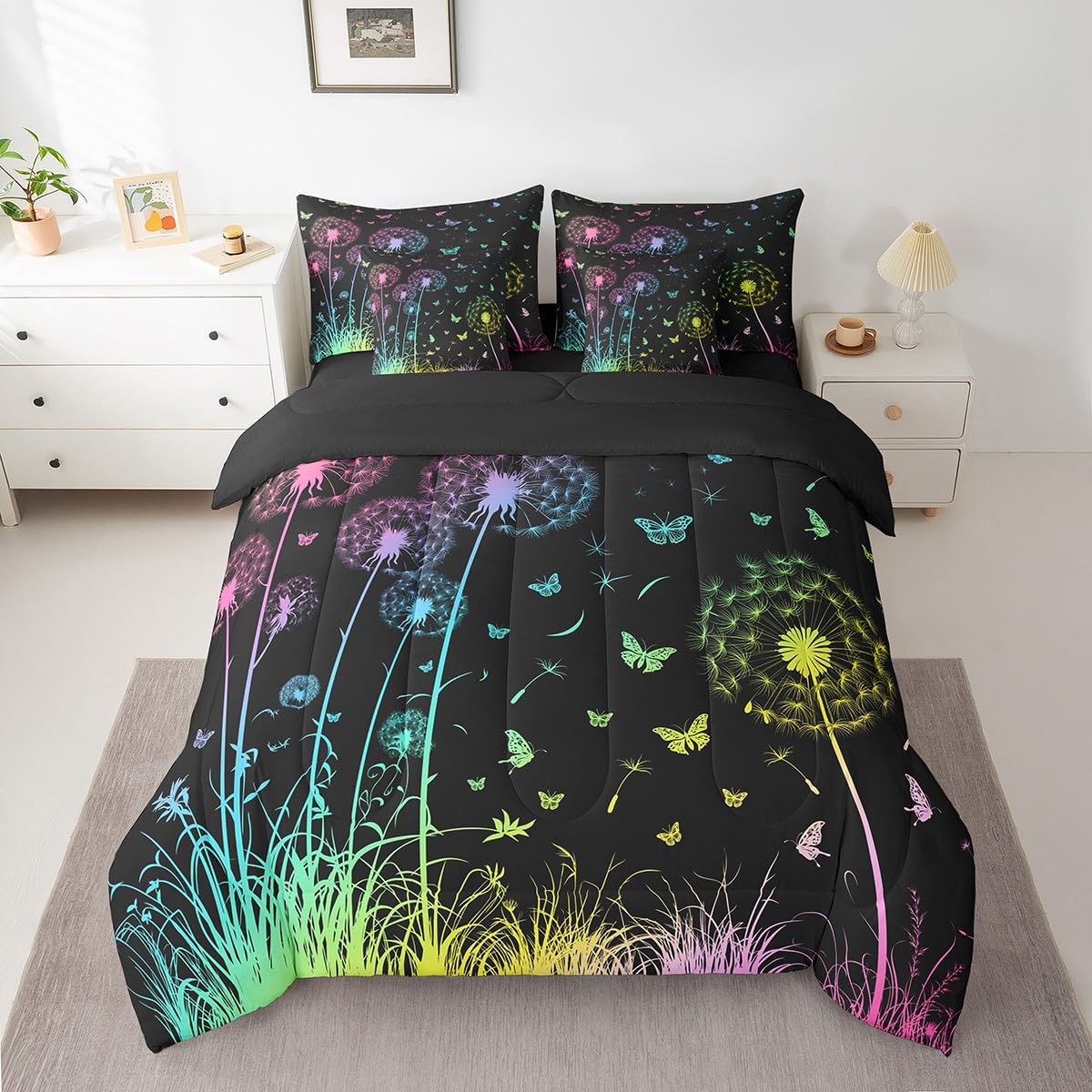 Butterfly and Dandelion Comforter Set with Floral Print Sheets