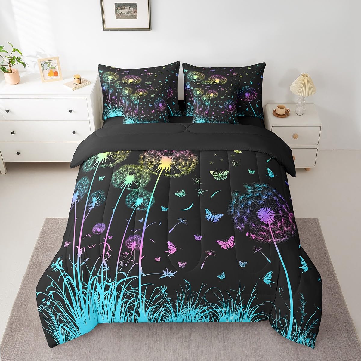 Butterfly and Dandelion Comforter Set with Floral Print Sheets