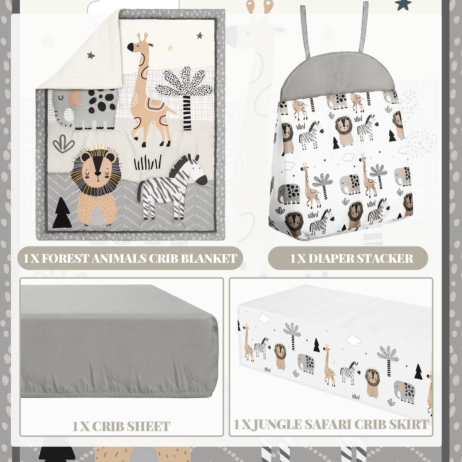 4-Piece Woodland Animal Crib Bedding Set with Blanket, Sheet, Skirt, and Diaper Stacker