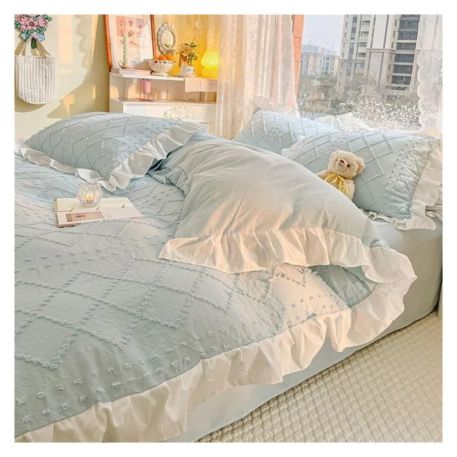 Blue Lace Bedding Set with Quilt Cover and Pillowcases