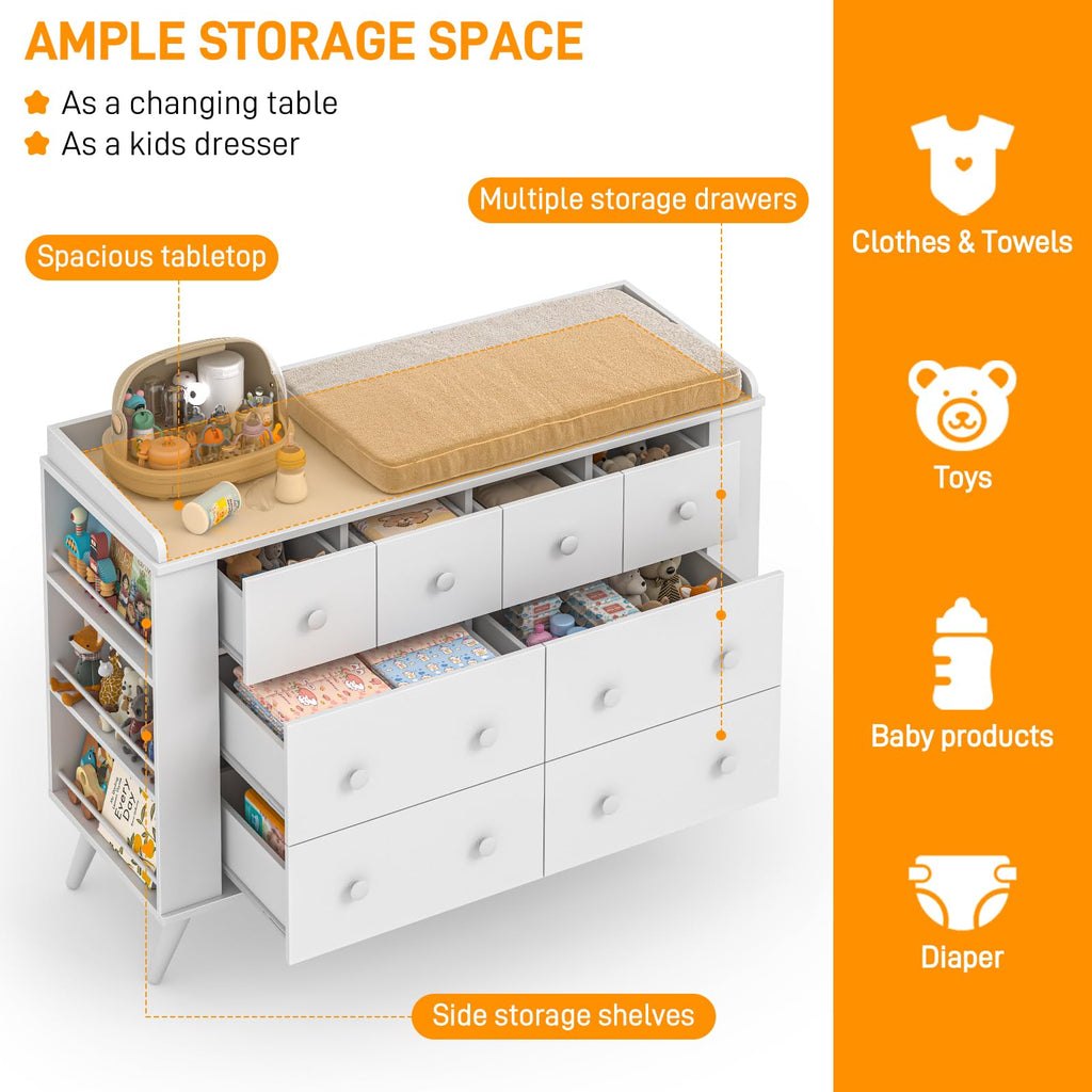 Kids Dresser with 8 Drawers, Changing Table and Open Shelving